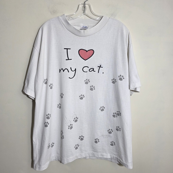 Hallmark Tops - Vintage Hallmark Single Stitch White Tee I Love My Cat Paw Prints Womans Sz XL